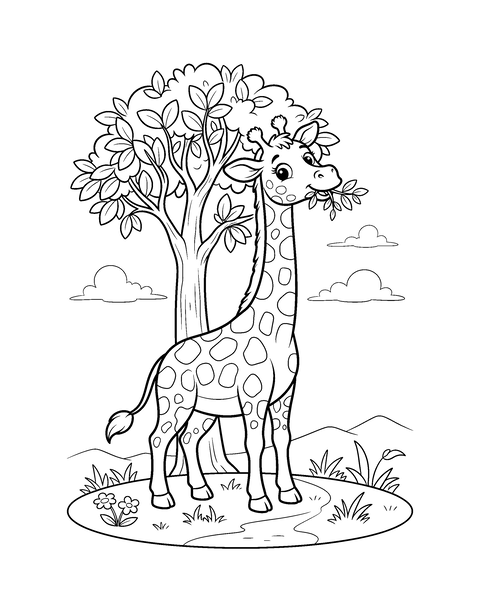 Giraffe coloring page for kids: a printable black and white outline picture with thick lines and big areas to color, ready for A4