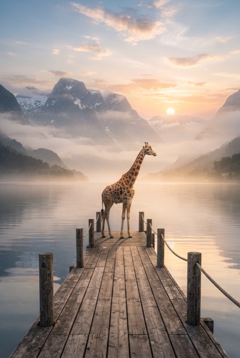 Giraffe on a Pier by a Fjord: A giraffe stands on a wooden pier by a calm Norwegian fjord at sunrise while the mountains sink into mist.