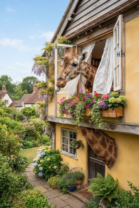 Giraffe at a Second-Floor Window: A giraffe pokes its head through the window of a yellow village house with flower boxes and billowing curtains.