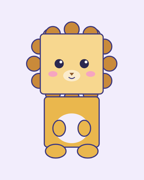 Golden Lion Cub paper craft template for kids: a printable color A4 sheet with cut lines, fold lines and glue tabs, plus a preview of the finished cube toy