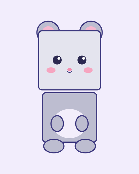 Gray Mouse paper craft template for kids: a printable color A4 sheet with cut lines, fold lines and glue tabs, plus a preview of the finished cube toy