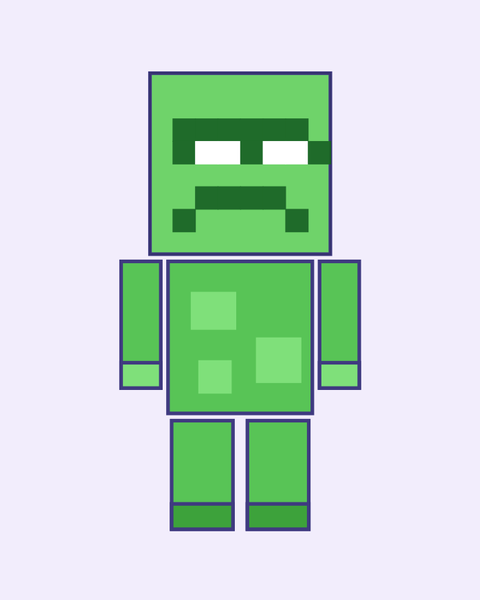 Green Blocky Slime paper craft template for kids: a printable color A4 sheet with cut lines, fold lines and glue tabs, plus a preview of the finished cube toy