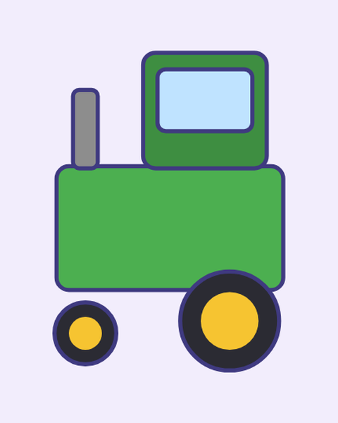 Green Tractor paper craft template for kids: a printable color A4 sheet with cut lines, fold lines and glue tabs, plus a preview of the finished cube toy