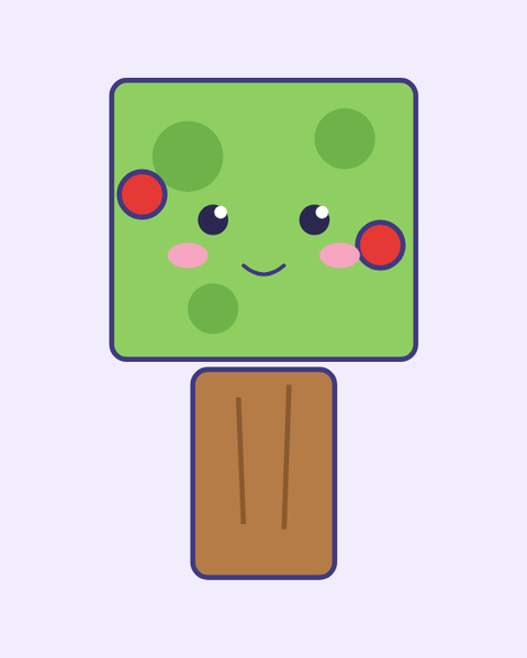 Green Tree paper craft template for kids: a printable color A4 sheet with cut lines, fold lines and glue tabs, plus a preview of the finished cube toy