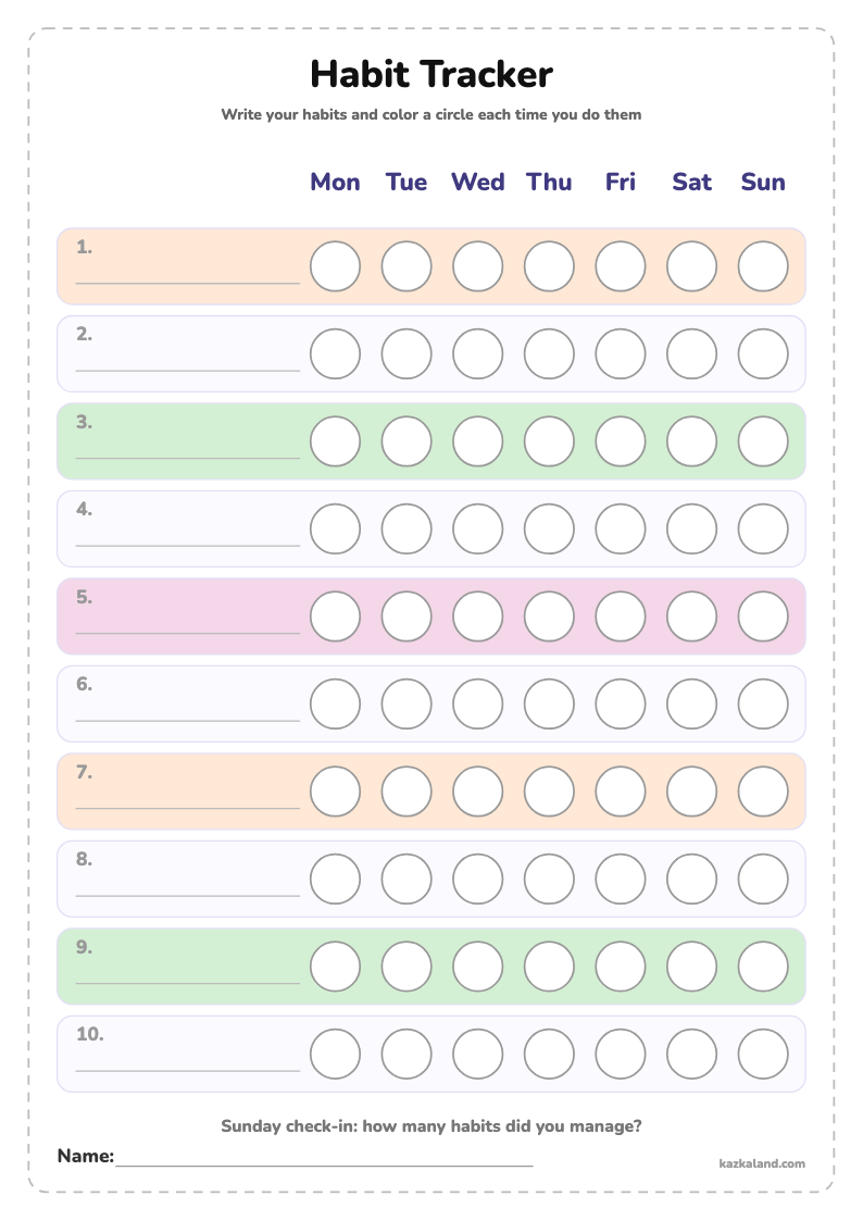 Habit Tracker for Kids: printable A4 sheet for kids, ready to print or fill in online