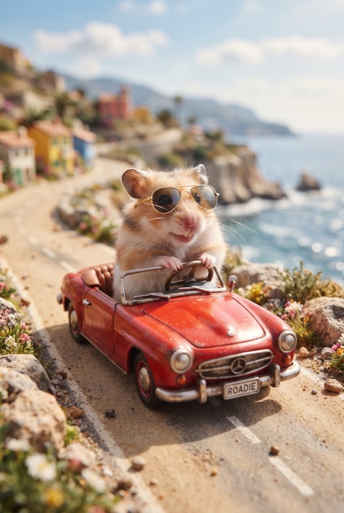 Hamster Driving a Red Convertible: A hamster in aviator sunglasses drives a toy convertible along a miniature sunny coastal road.