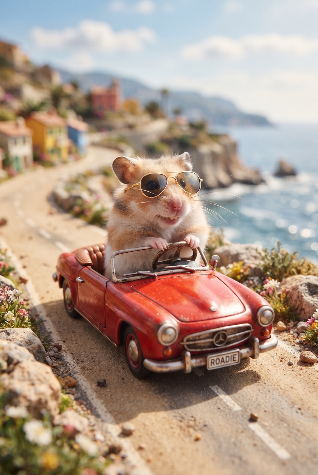 Hamster Driving a Red Convertible: A hamster in aviator sunglasses drives a toy convertible along a miniature sunny coastal road.