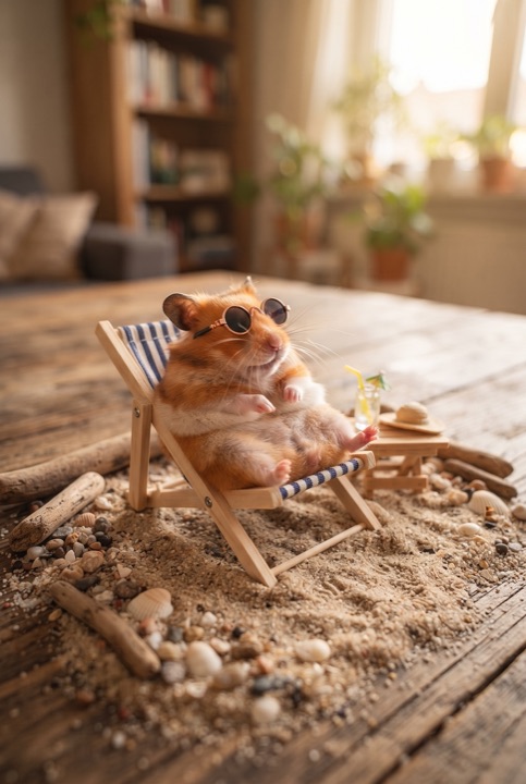 Hamster on a Miniature Beach: A tiny hamster in sunglasses relaxes in a deck chair on a miniature beach made of real sand.