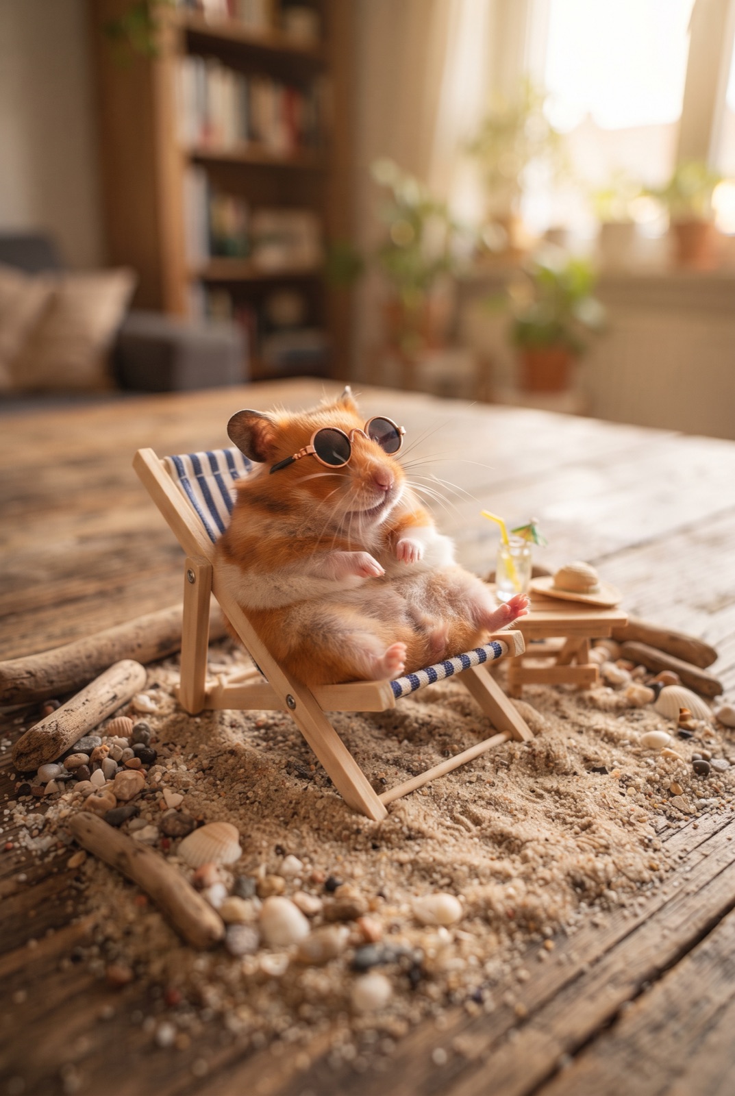 Hamster on a Miniature Beach: A tiny hamster in sunglasses relaxes in a deck chair on a miniature beach made of real sand.