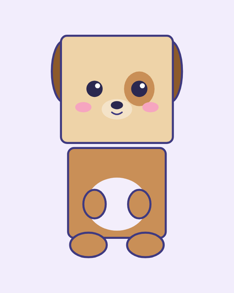 Happy Puppy paper craft template for kids: a printable color A4 sheet with cut lines, fold lines and glue tabs, plus a preview of the finished cube toy