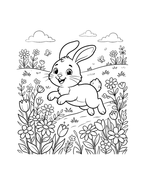 Hare coloring page for kids: a printable black and white outline picture with thick lines and big areas to color, ready for A4