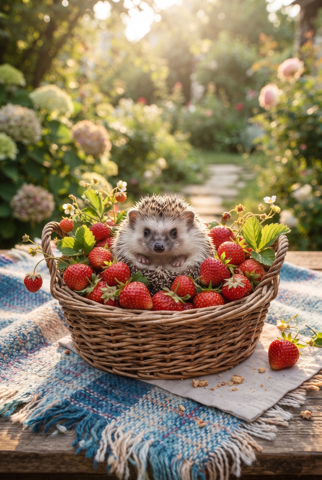 Baby Hedgehog in a Strawberry Basket: A baby hedgehog sits in a basket of fresh strawberries on a picnic blanket in a sunny summer garden.