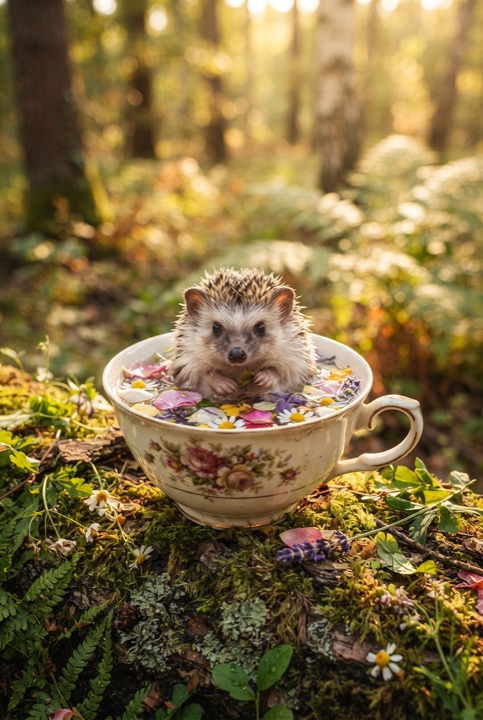 Hedgehog in a Teacup Bath: A tiny hedgehog takes a bath in a big porcelain teacup filled with warm water and flower petals.