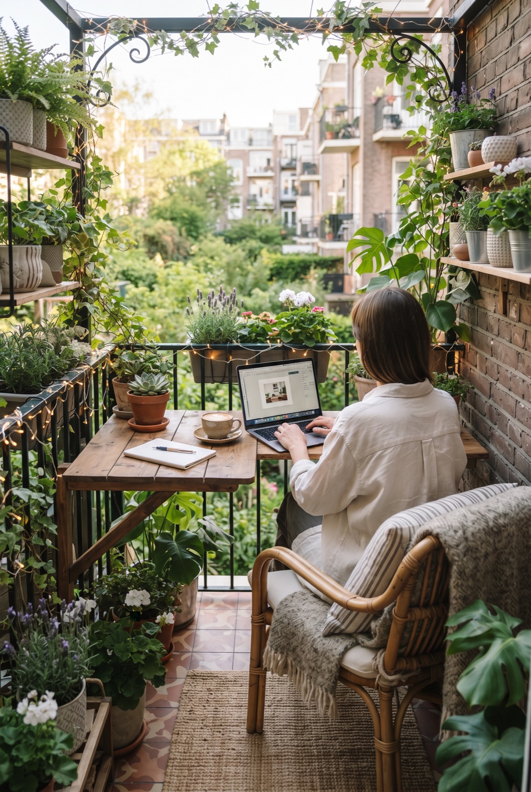 Balcony Work Nook: A fold-down table, a comfy chair, a box of greenery and a string of lights: an office that inspires.
