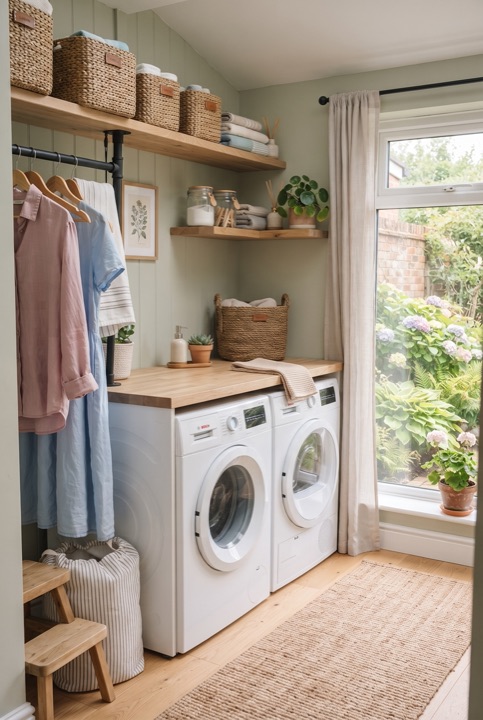 Tidy Laundry Nook: A washing machine in a niche with shelves, baskets and drying hooks: neat and practical.