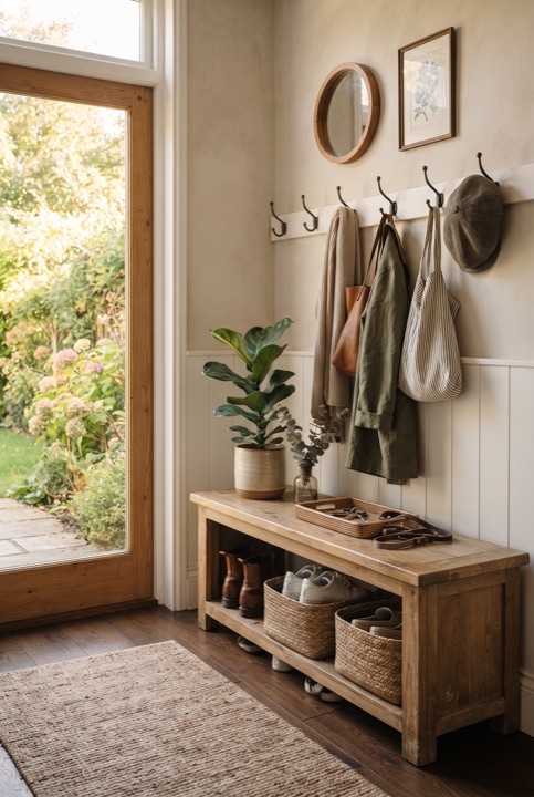 Entryway Bench and Hooks: A bench with shoe cubbies, a row of hooks for coats and a basket for hats: order by the door.