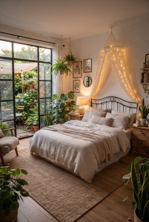 Bedroom with Fairy Lights: Linen bedding, a canopy and warm fairy lights above the headboard create a fairy-tale feeling.