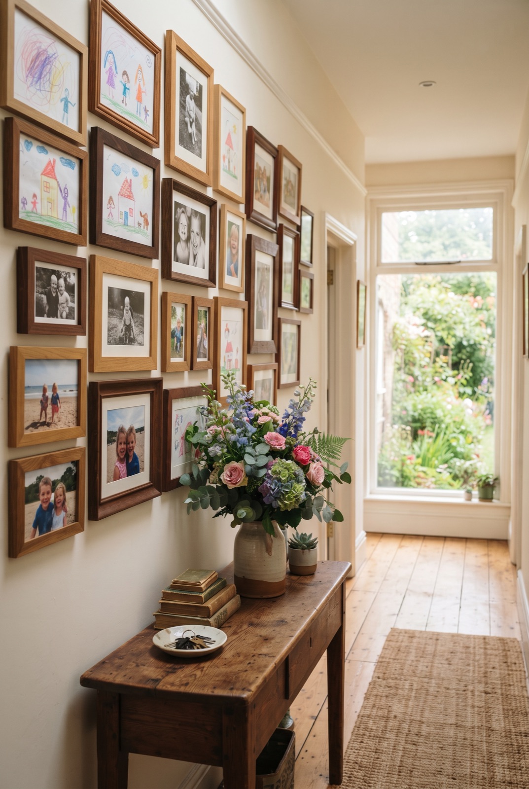 Gallery Wall of Kids Art: Mismatched frames on one wall holding kids drawings and photos: a family gallery that keeps changing.
