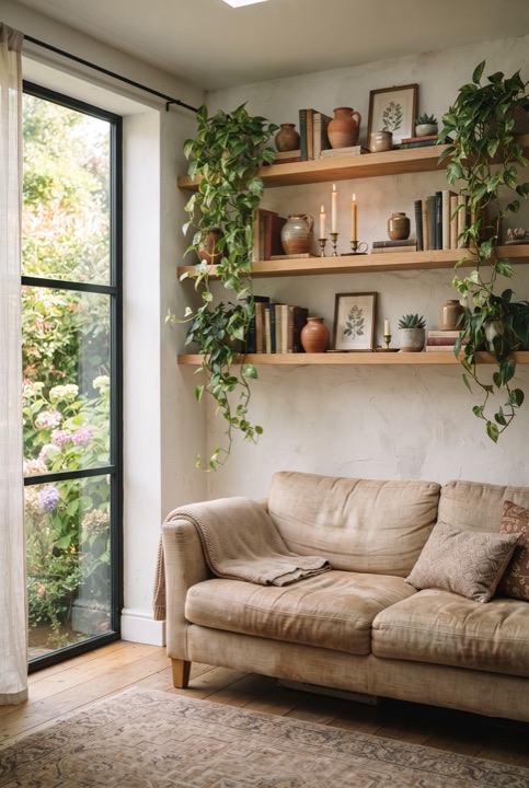 Plant Shelf Wall: A few floating shelves with trailing plants, books and candles bring an empty wall to life.