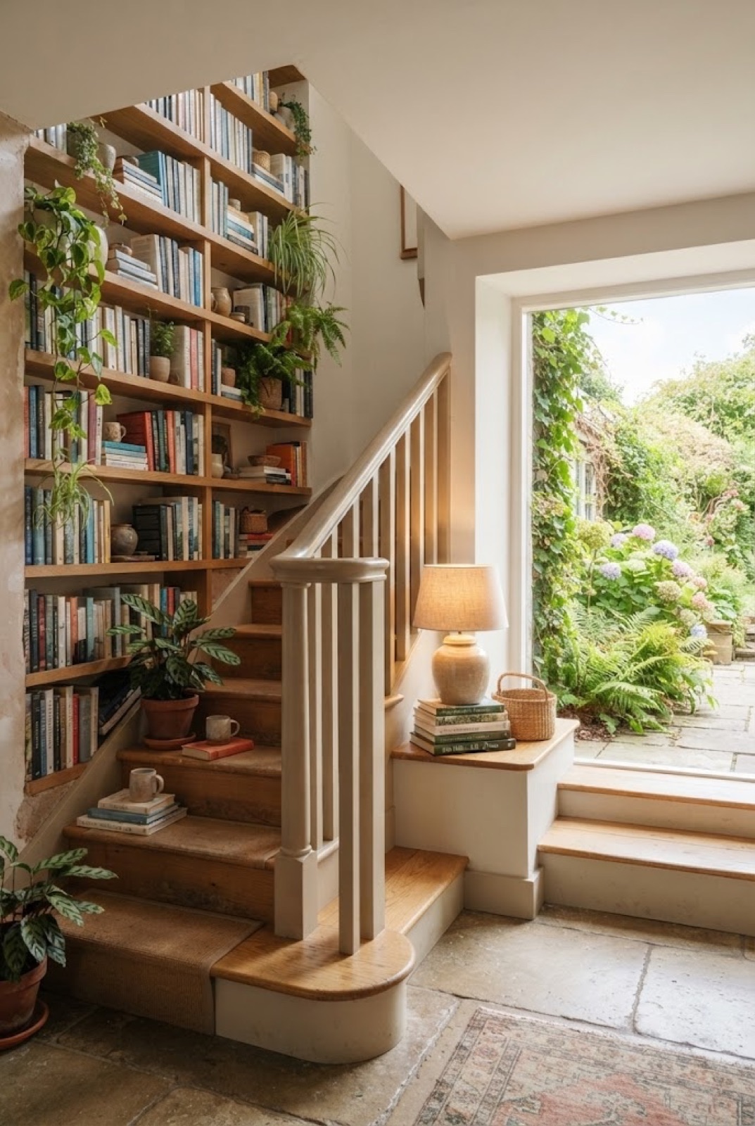 Staircase Bookshelf: Wall niches along the stairs turned into book shelves: a library where there was no room.