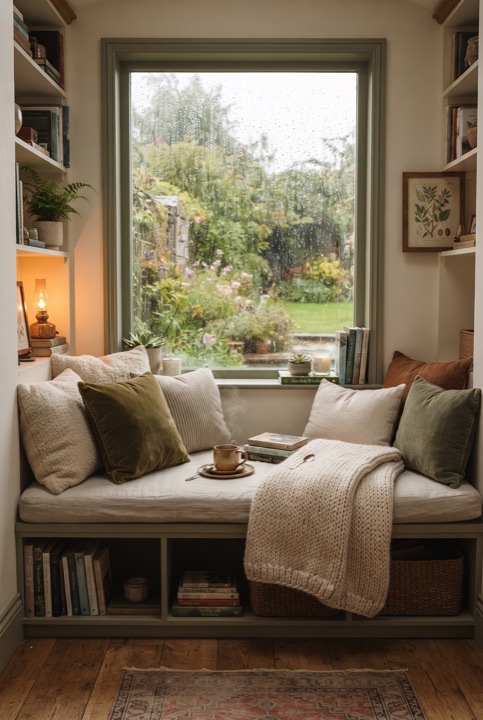 Window Reading Nook: A wide windowsill with cushions, a blanket and a small shelf of books becomes a spot for rainy evenings.