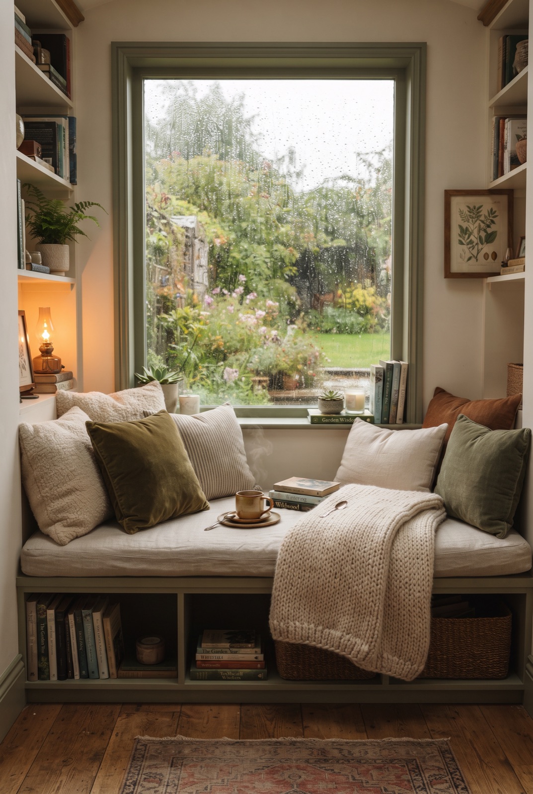 Window Reading Nook: A wide windowsill with cushions, a blanket and a small shelf of books becomes a spot for rainy evenings.