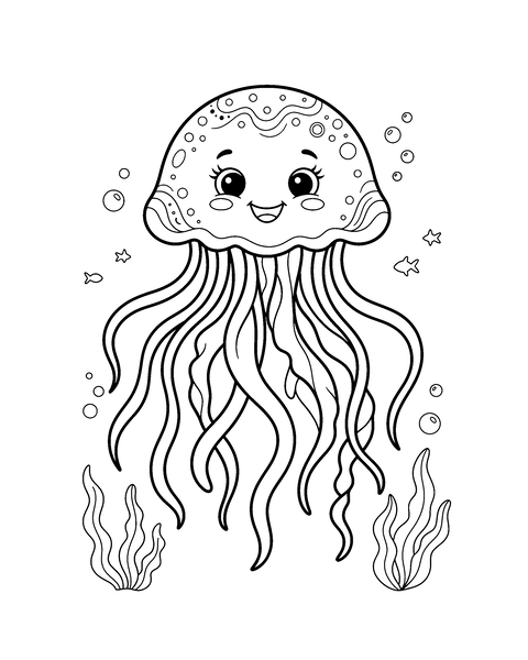 Jellyfish coloring page for kids: a printable black and white outline picture with thick lines and big areas to color, ready for A4