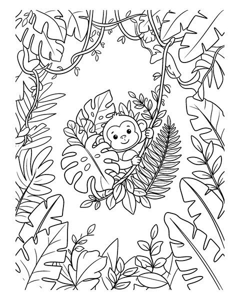 Jungle coloring page for kids: a printable black and white outline picture with thick lines and big areas to color, ready for A4