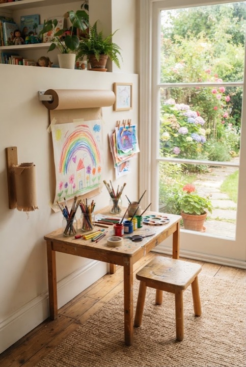 Art Station with a Paper Roll: A wooden table, a paper roll on the wall and jars of paints: long stories can be drawn.