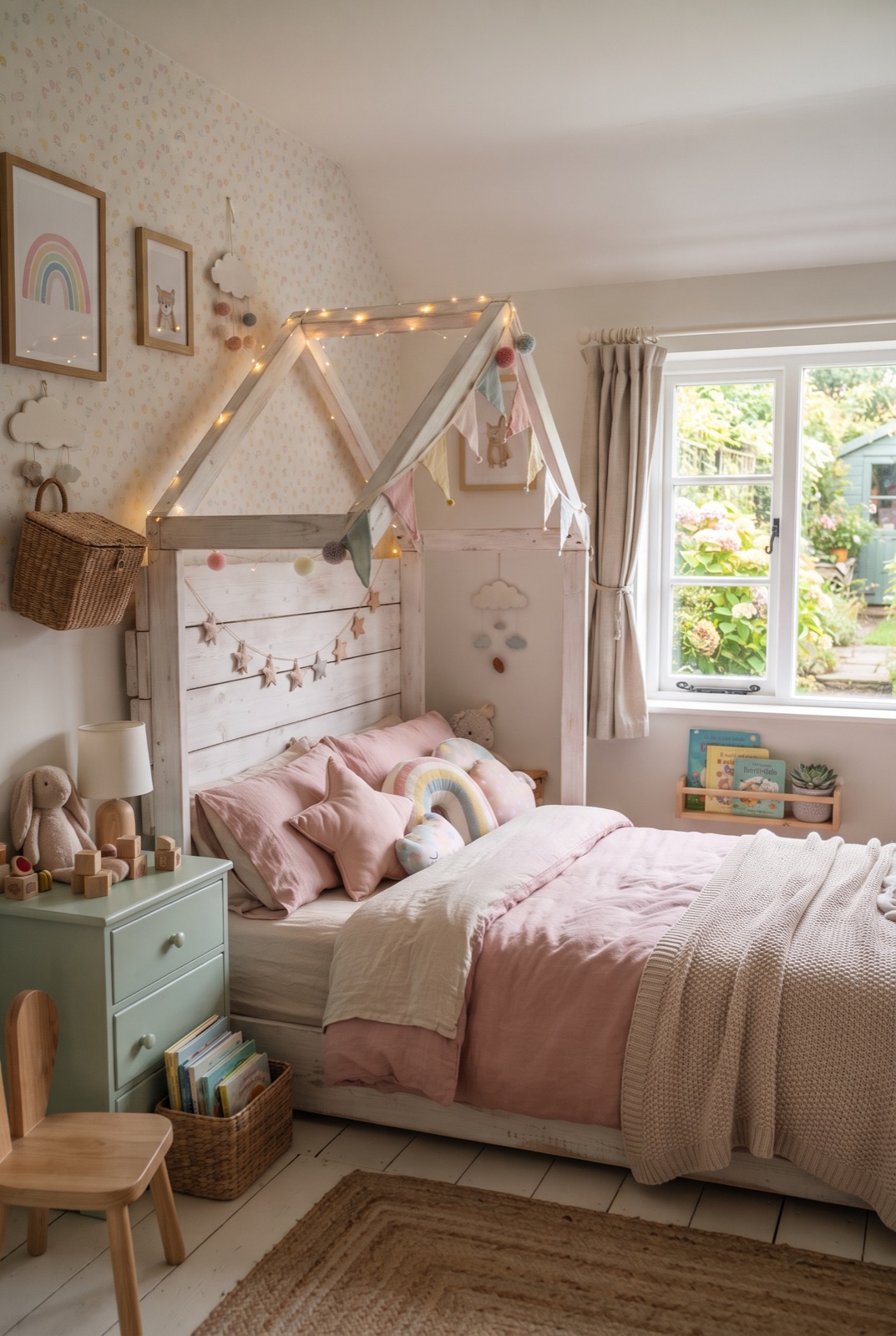 House-Shaped Cabin Bed: A bed shaped like a little house with a roof and a string of lights: every kid’s dream.
