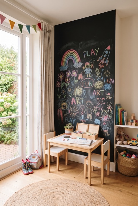 Chalkboard Drawing Wall: One wall painted with chalkboard paint: kids draw, then simply wipe it clean.