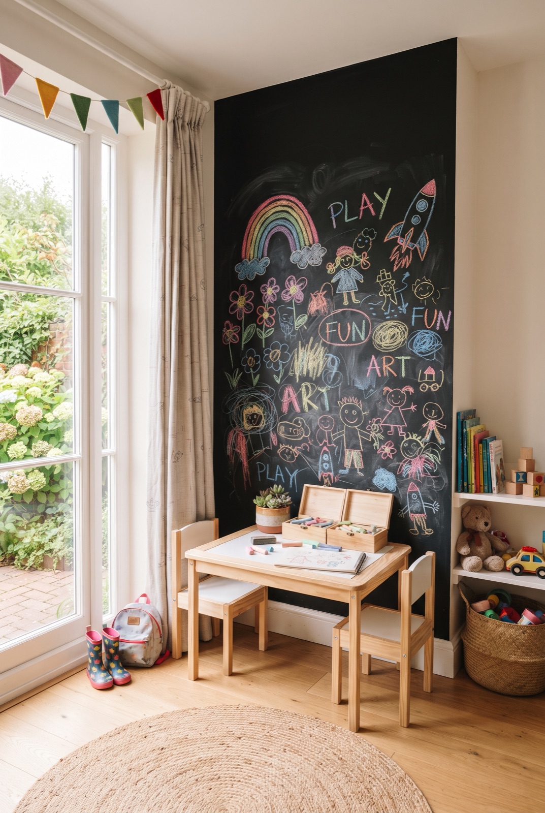 Chalkboard Drawing Wall: One wall painted with chalkboard paint: kids draw, then simply wipe it clean.