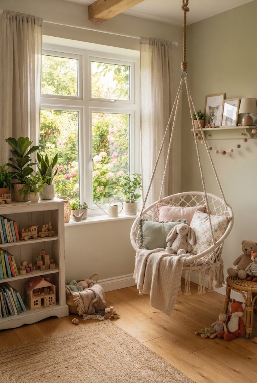 Hanging Cocoon Chair: A hanging chair with cushions by the window: a corner for daydreaming and reading.