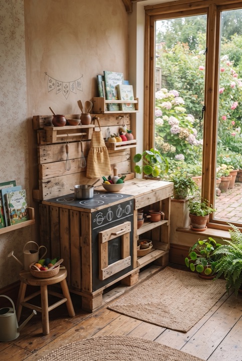 DIY Play Kitchen: A homemade play kitchen from wooden crates, with shelves and a chalk-drawn stove.