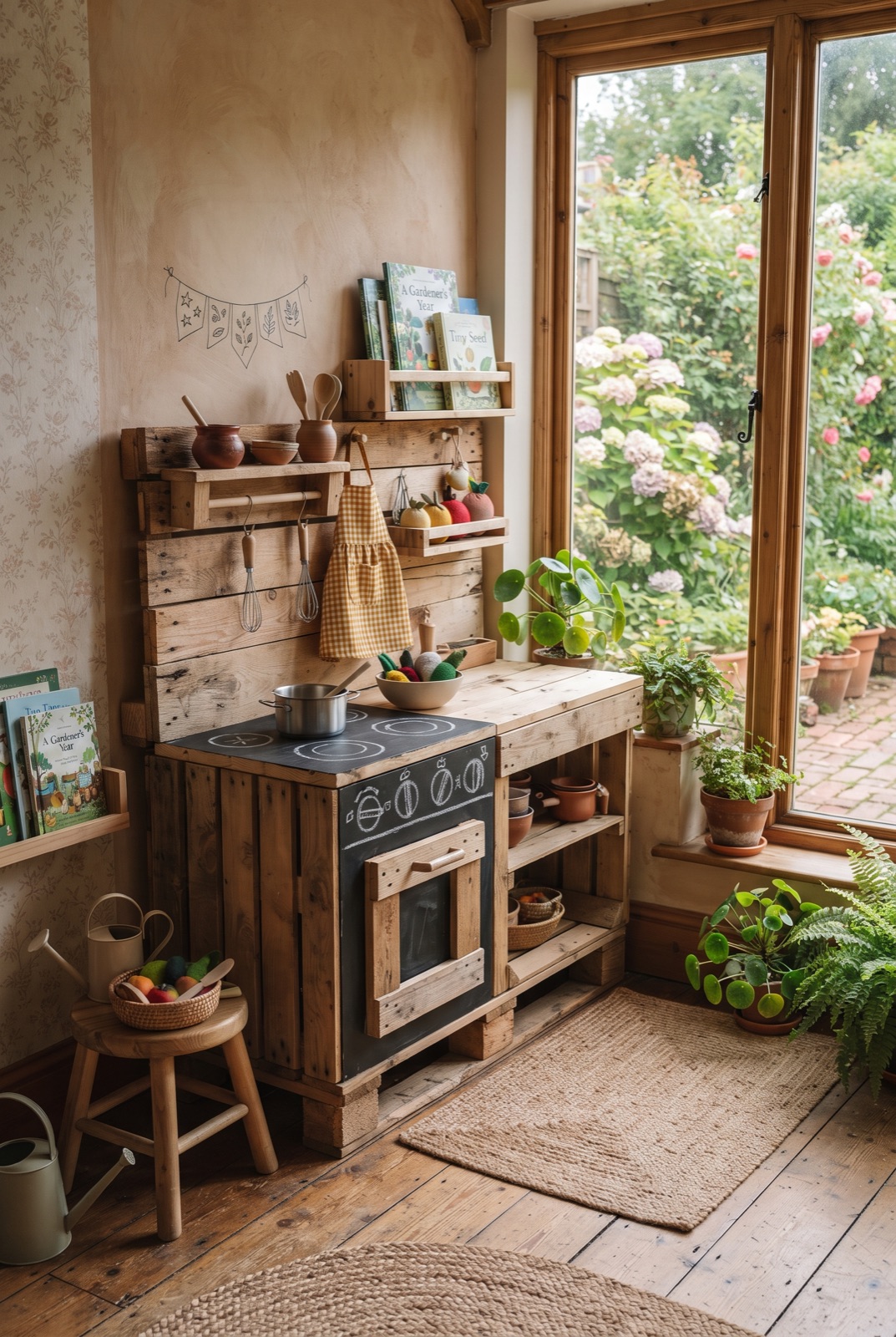 DIY Play Kitchen: A homemade play kitchen from wooden crates, with shelves and a chalk-drawn stove.
