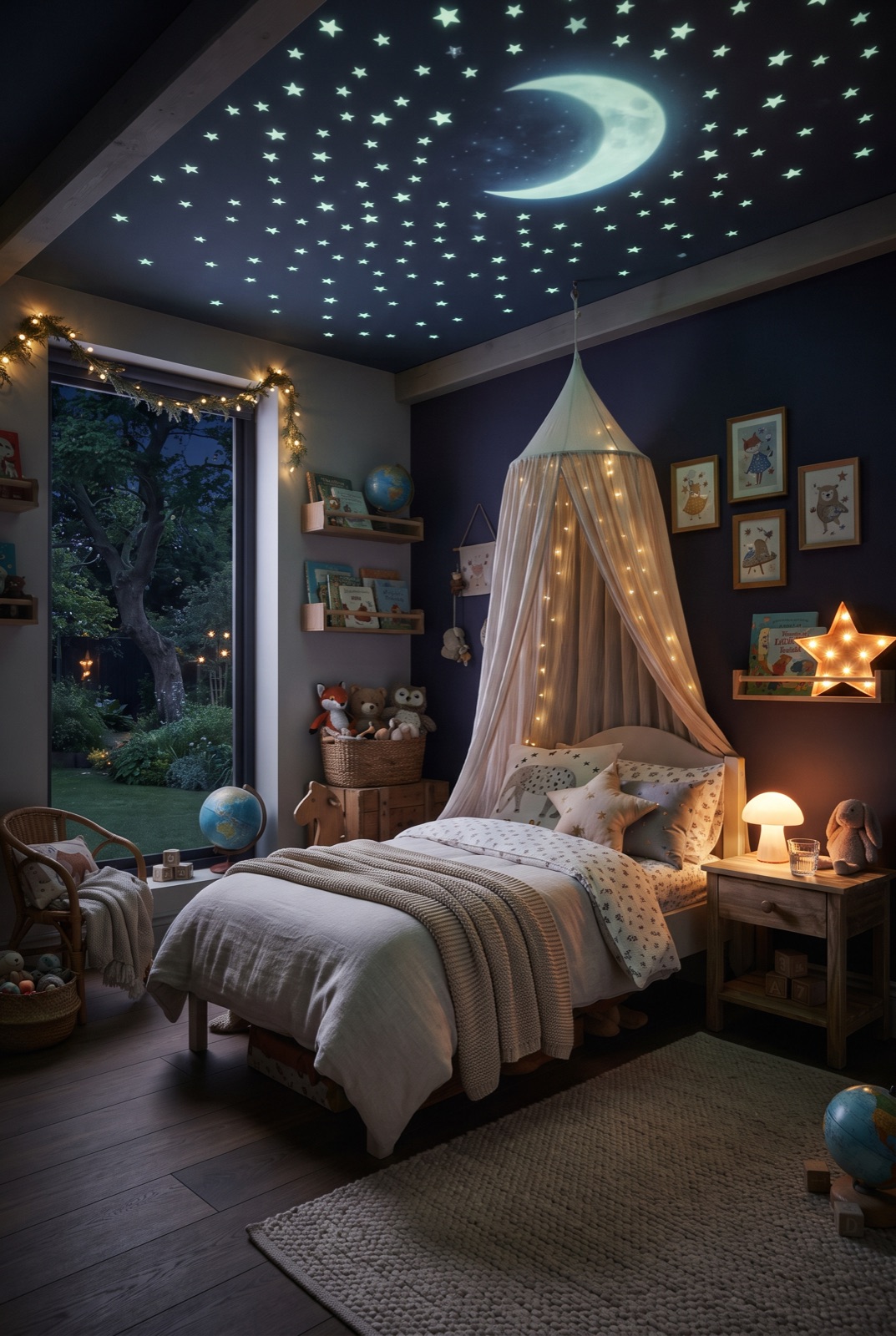 Star Ceiling: Glow-in-the-dark stars and a moon on the ceiling: a night sky above the bed every evening.