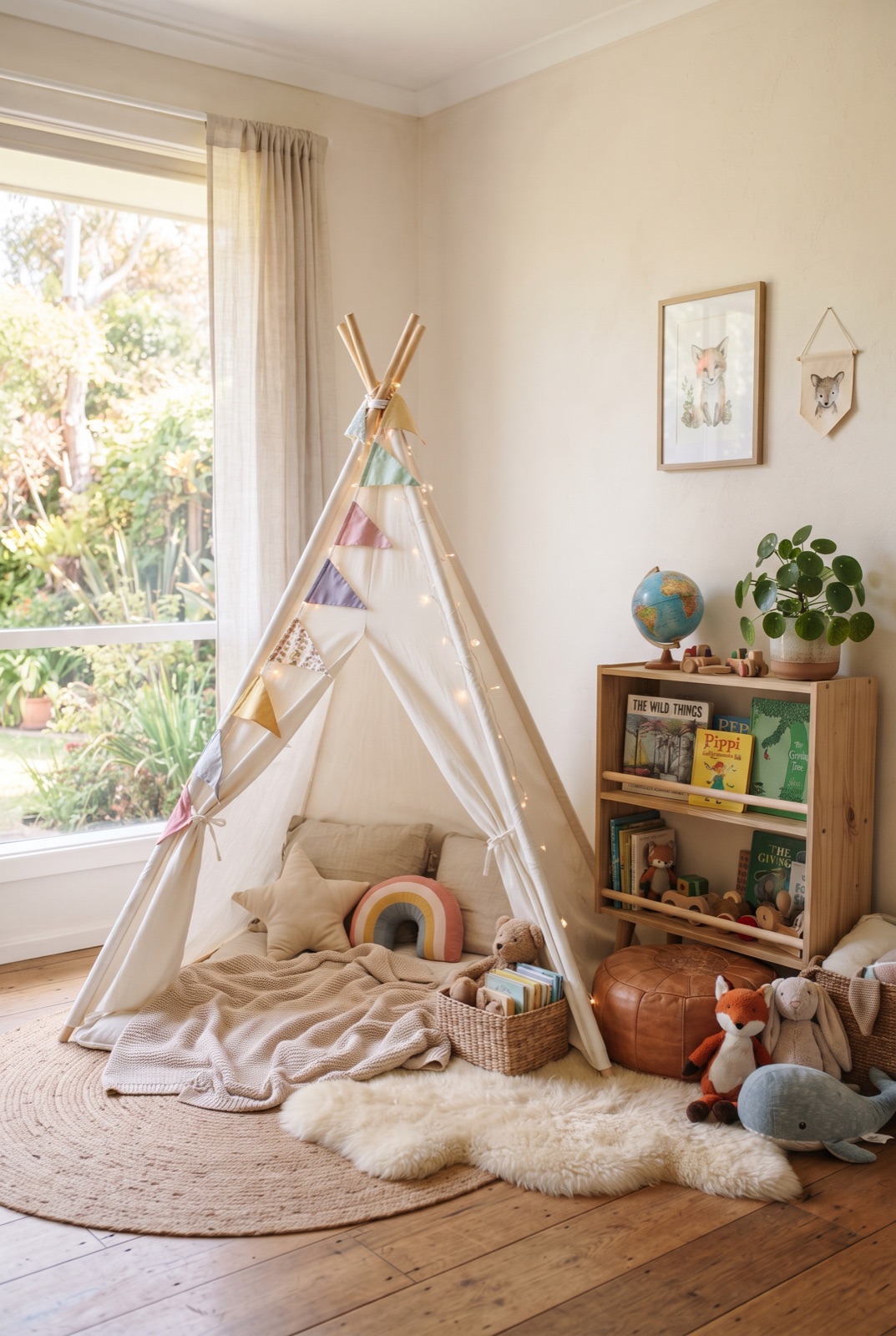 Teepee Reading Corner: A teepee in a room corner with a garland, cushions and a book shelf: a place for stories.