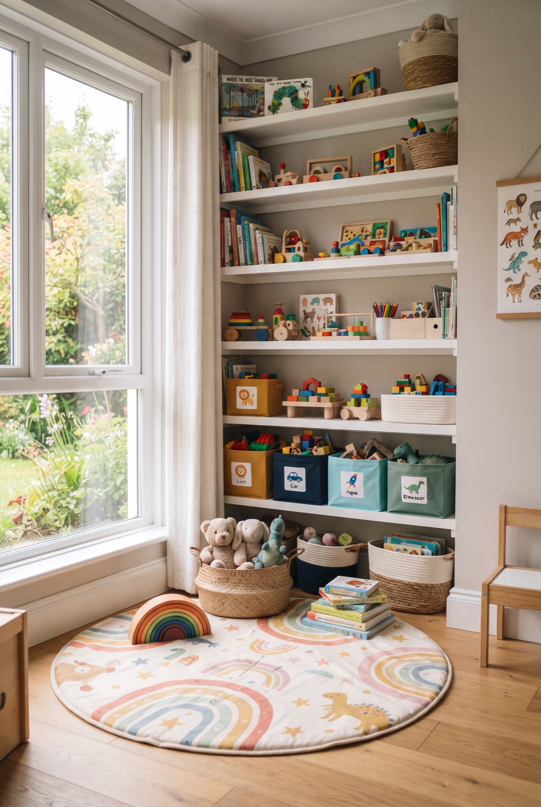 Toy Storage Wall: Open shelves with colorful bins labeled with pictures: order that kids keep up themselves.