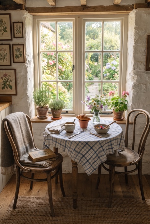 Breakfast Nook by the Window: A small round table, two chairs and a checkered cloth by a window overlooking the garden.
