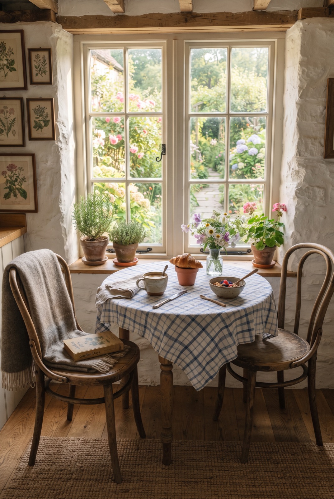 Breakfast Nook by the Window: A small round table, two chairs and a checkered cloth by a window overlooking the garden.