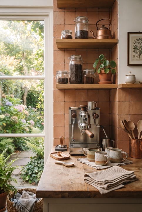 Coffee Corner: A shelf with a coffee machine, mugs and jars on a wooden kitchen counter.