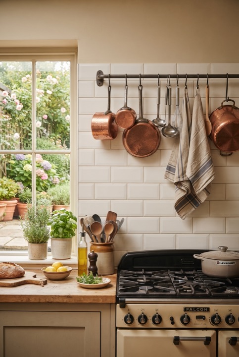 Hanging Pots Rail: A metal rail above the stove with ladles, pans and kitchen towels.