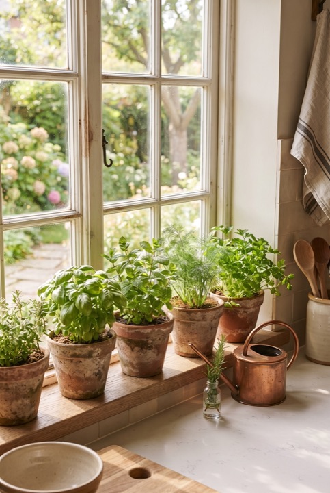 Windowsill Herb Garden: A row of pots with basil, mint, dill and parsley behind the sink: fresh herbs every day.