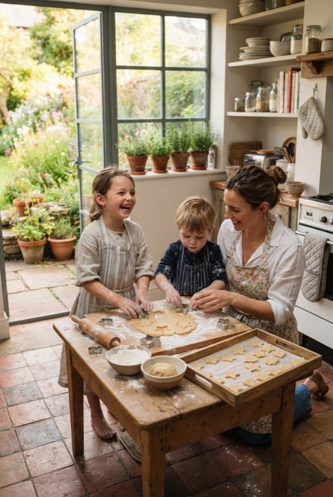 Kids Baking Table: A low table, aprons, flour and cookie cutters: family baking without the chaos.