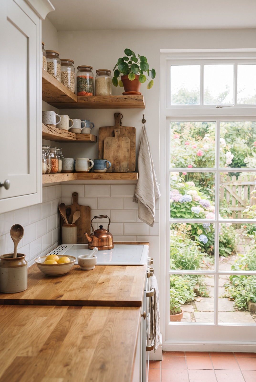 Open Kitchen Shelves: Wooden shelves instead of upper cabinets: jars of grains, mugs and plants on display.
