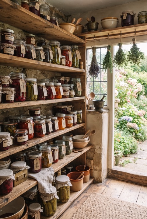 Pantry with Preserves: Shelves with homemade jam, pickles and dried herbs, neatly labeled.