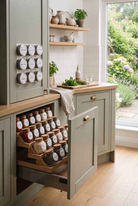 Spice Storage: Magnetic spice jars on a cabinet side and a pull-out drawer with labels.
