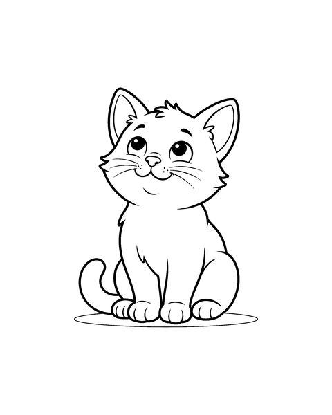 Kitten coloring page for kids: a printable black and white outline picture with thick lines and big areas to color, ready for A4