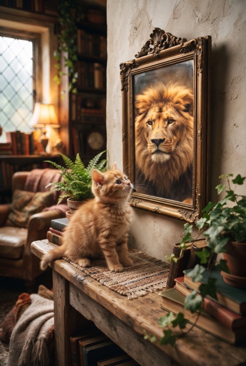 Kitten Who Sees a Lion in the Mirror: A tiny kitten looks in a mirror and sees a majestic lion while the cozy room catches dramatic light.