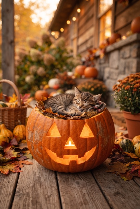 Kitten on a Glowing Pumpkin Lantern: A tiny kitten sleeps on top of a glowing pumpkin lantern among autumn leaves on a porch, lit by the warm glow of a candle inside.